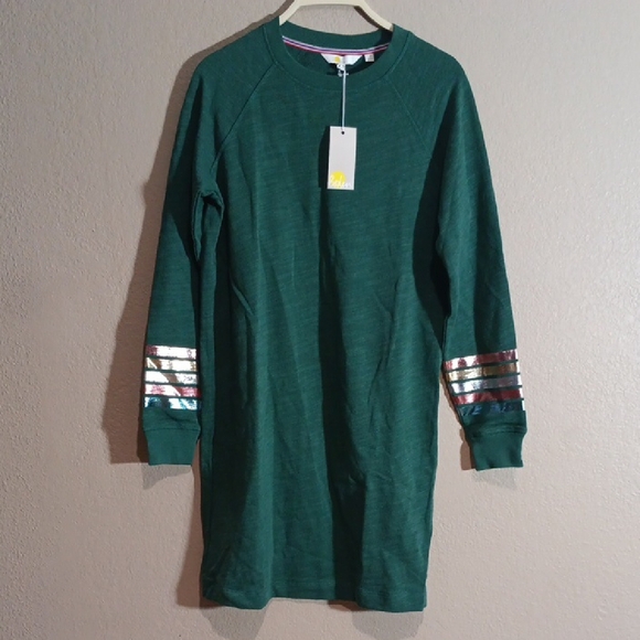 Boden Dresses & Skirts - Boden Green Crewneck Sweatshirt Dress with Metallic Cuff Stripes